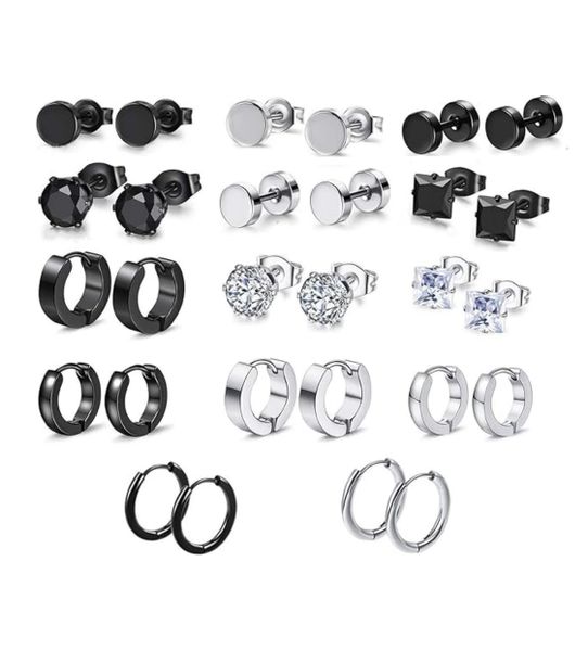 14Pairs Stainless Steel CZ Stud Earrings/Huggie Hoop For Man, Rust-Proof