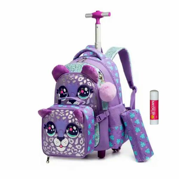 3 Piece Girl's Trolley School Bag with Clip-On Lunch Bag &amp; Lip Balm