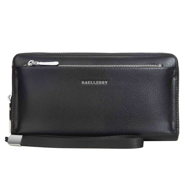 Men Clutch leather Bag Waller with Wrist Strap - Black