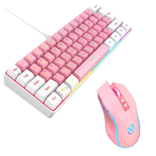 HXSJ - Plug &amp; Play Wired Keyboard And Mouse Set With RGB Lighting - Pink