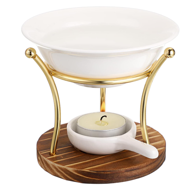 Wooden Candle Melting Pot with Essential Oil Burner and Ceramic Bowl