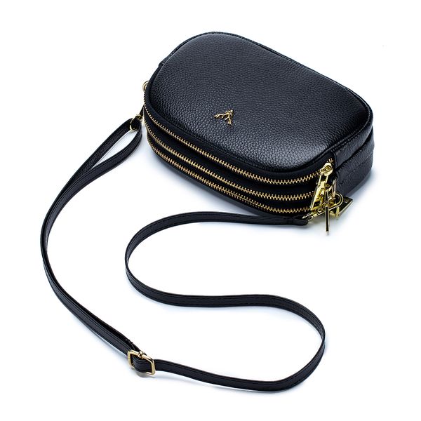 Jetsetter - Genuine Leather Crossbody Bag with Strap - Black
