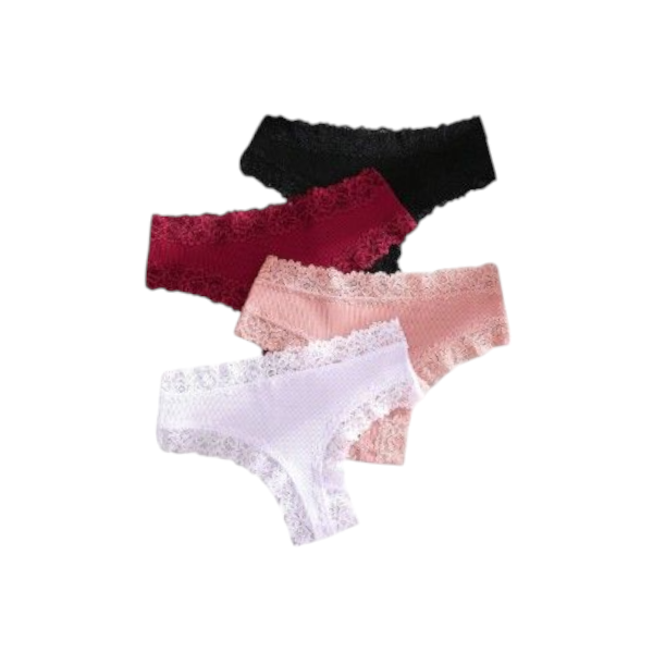 4 Pieces Women's Solid Color Lace Trim Ribbed Briefs- S - Multi Color