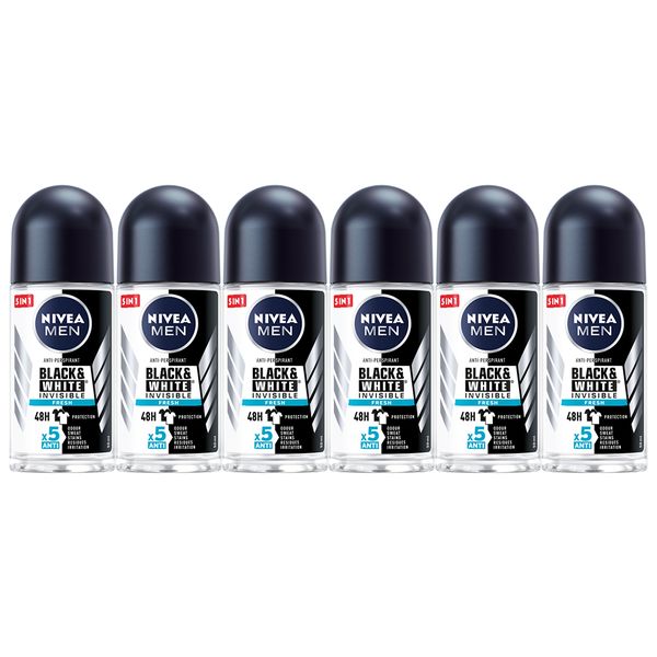 NIVEA MEN Black &amp; White Invisible Fresh Anti-perspirant Roll-On, 6x50ml