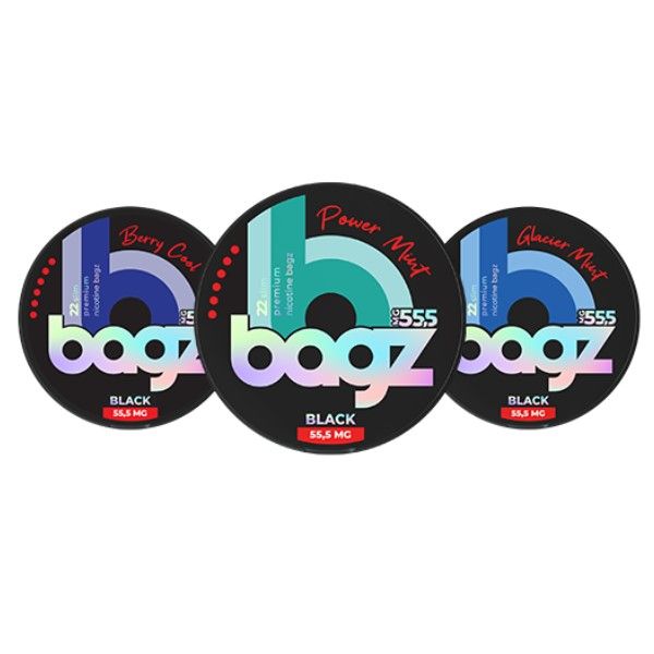 Bagz Nicotine Pouches Black-55.5mg-Berry Cool, Power &amp; Glacier Mint x 3(60)