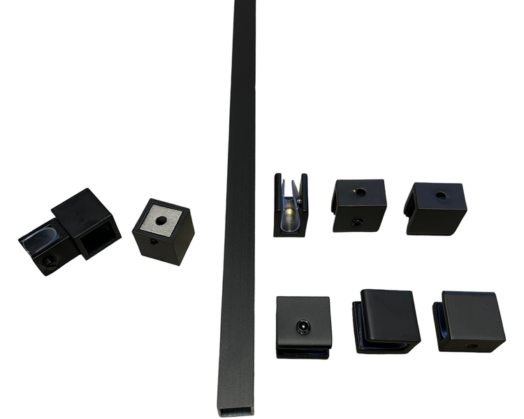 Black Square Shower Glass Stabilizer Set - 1,5m (Tube, Brackets &amp; Clamps)