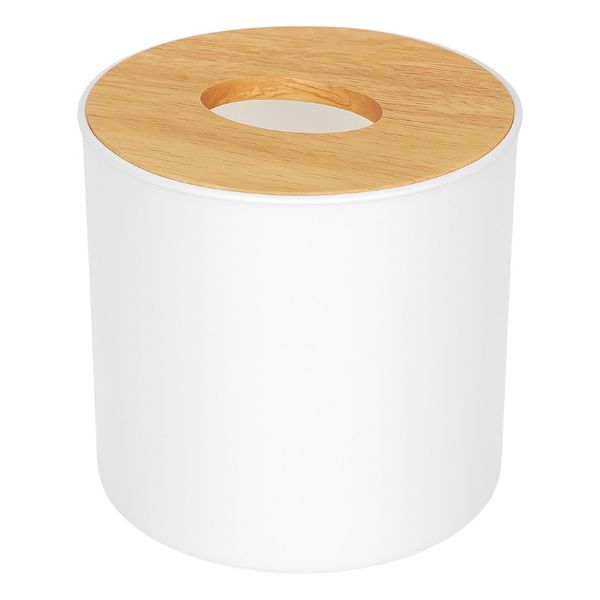Modern Cylindrical Tissue Box Holder with Bamboo Lid - White