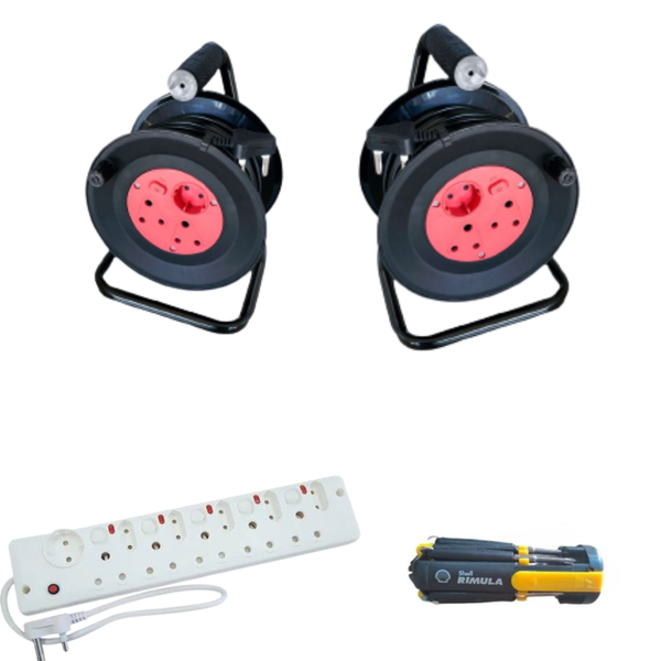 Extension Cable Reel 30m Set Of Two With 11-Way Plug &amp; Screwdriver Set