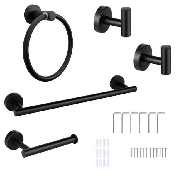 Bestby- 5PCS Stainless Steel Bathroom Hardware Set Towel Bars/Hooks- Black