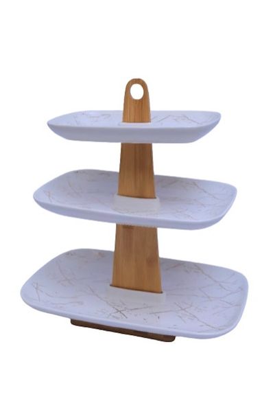 Zamudi 3 Tier Ceramic Cake Stand with Wooden Core