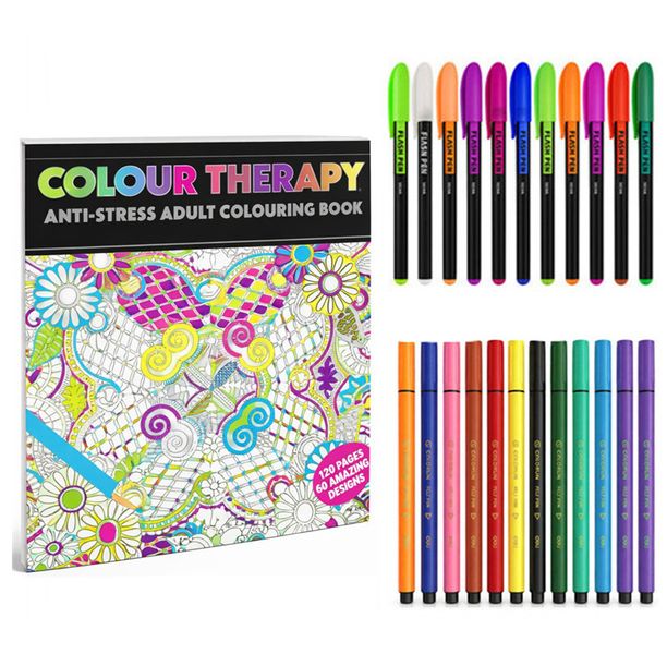 Colour Therapy Kit Colouring Book with 12 Neon Color Pens &amp; 12 Color Pen
