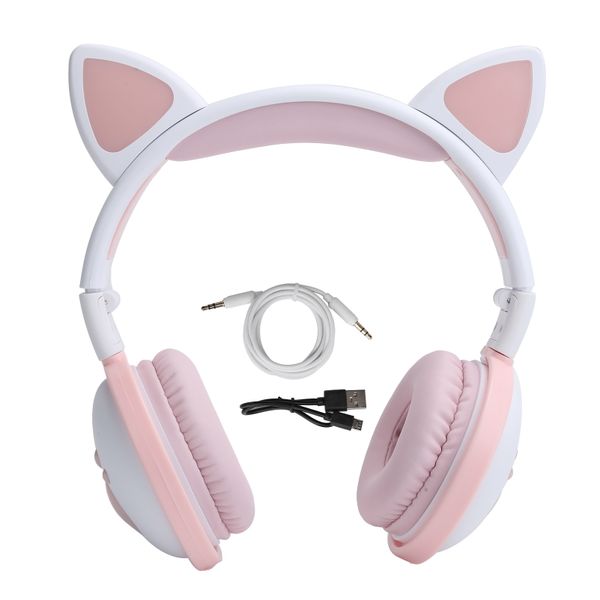 Cute Cat Ear Wireless Bluetooth Headphone Sports Folding Headset Pink White