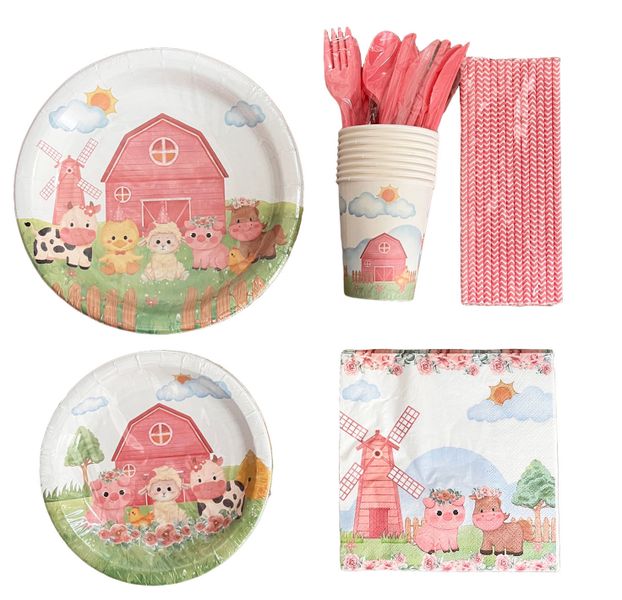 Party Paper Tableware / Cutlery Set - Pink Farm Theme