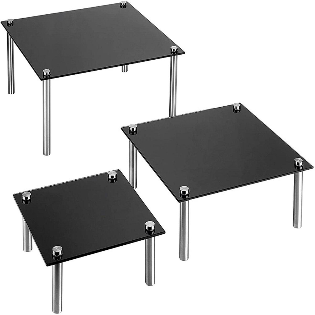 3-Tier Black Glass Display Stand - Set of 3 Rectangle Risers for ...