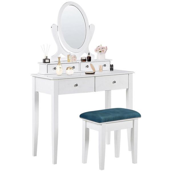 Dressing Table Set Wooden Vanity with Cushioned Stool Rotating Mirror-White