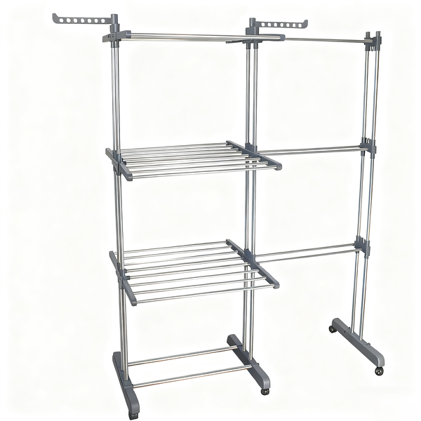 3-Tier Extendable Foldable Drying Rack with 6 Wings and Wheels-Grey