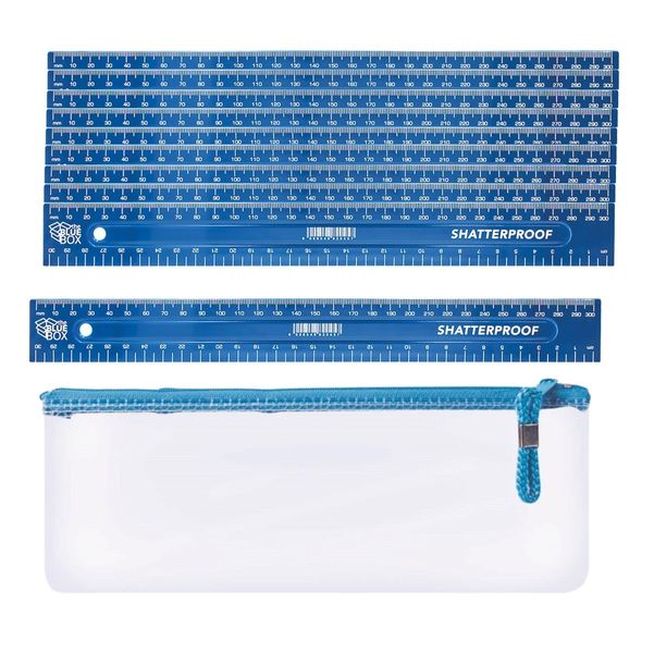 Blue Box Pack of 10 Rulers 30cm - With Pencil Bag 33cm