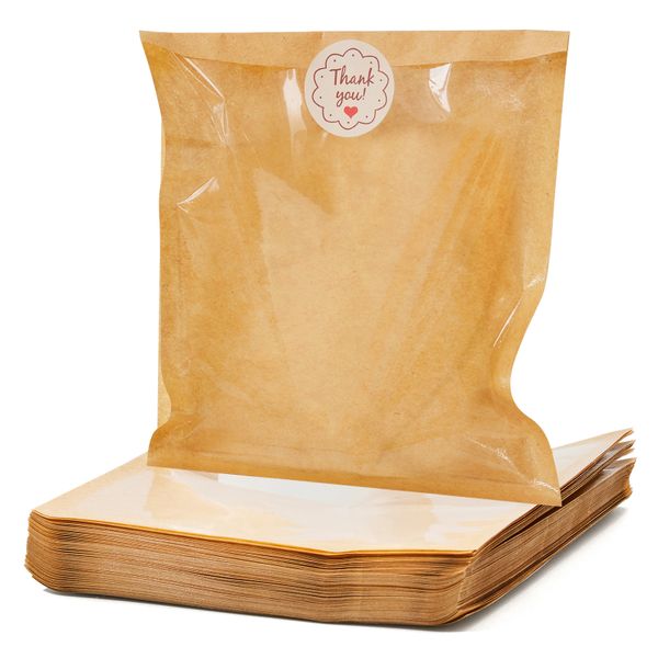 Chenshia 100 Piece Kraft Paper Sandwich Bags Window &amp; Stickers Bakery Bags