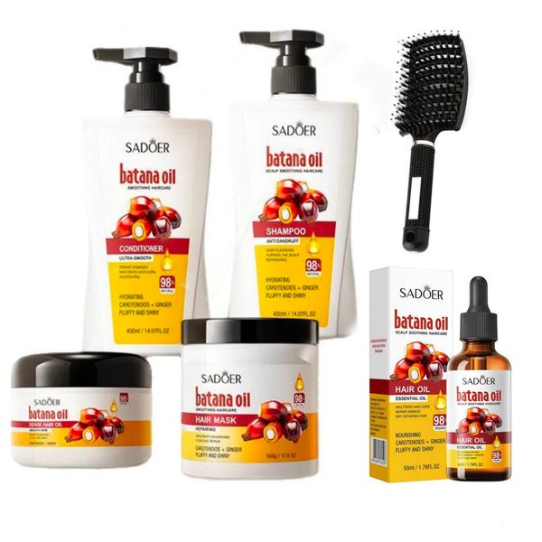 SADOER Batana Hair Set- Shampoo, Conditioner, Mask &amp; Dense Oil, Brush &amp;Oil