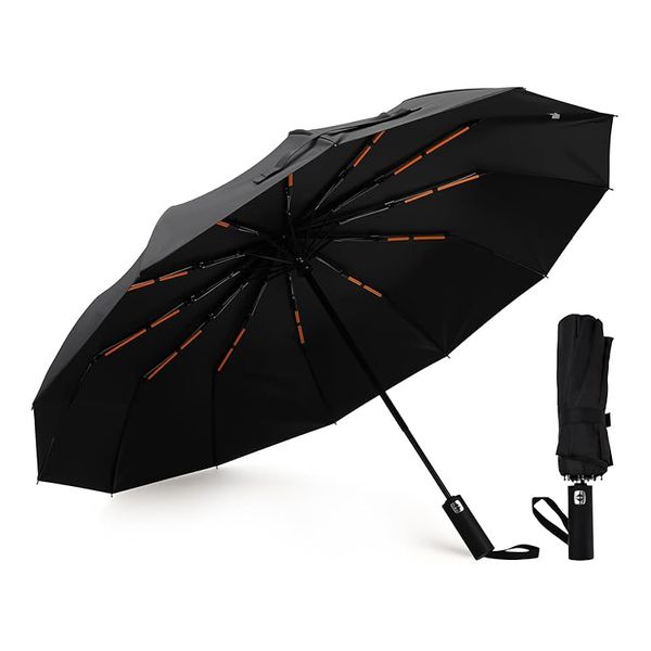 Triple Fold 24 Bone Fully Automatic Umbrella Large Black Rubber Sunshade