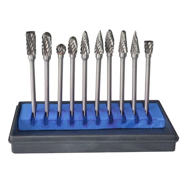 10 Piece Double Cut Tungsten Steel Carbide Rotary Burr Set - Black