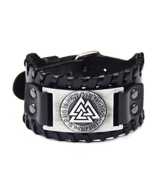Leather Braided Rope Wide Bracelet With Alloy Viking Runic, Adjustable Size