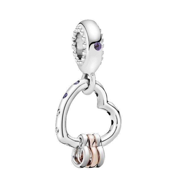 S925 Sterling Silver Delicate Hanging Heart Charm With Purple Gems - Silver