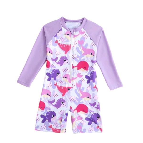 Long Sleeve One Piece Girls Swimsuit With Zipper - Purple Whale