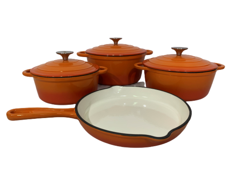 Pot set 7 Piece Cast Iron Grooved Lid Orange