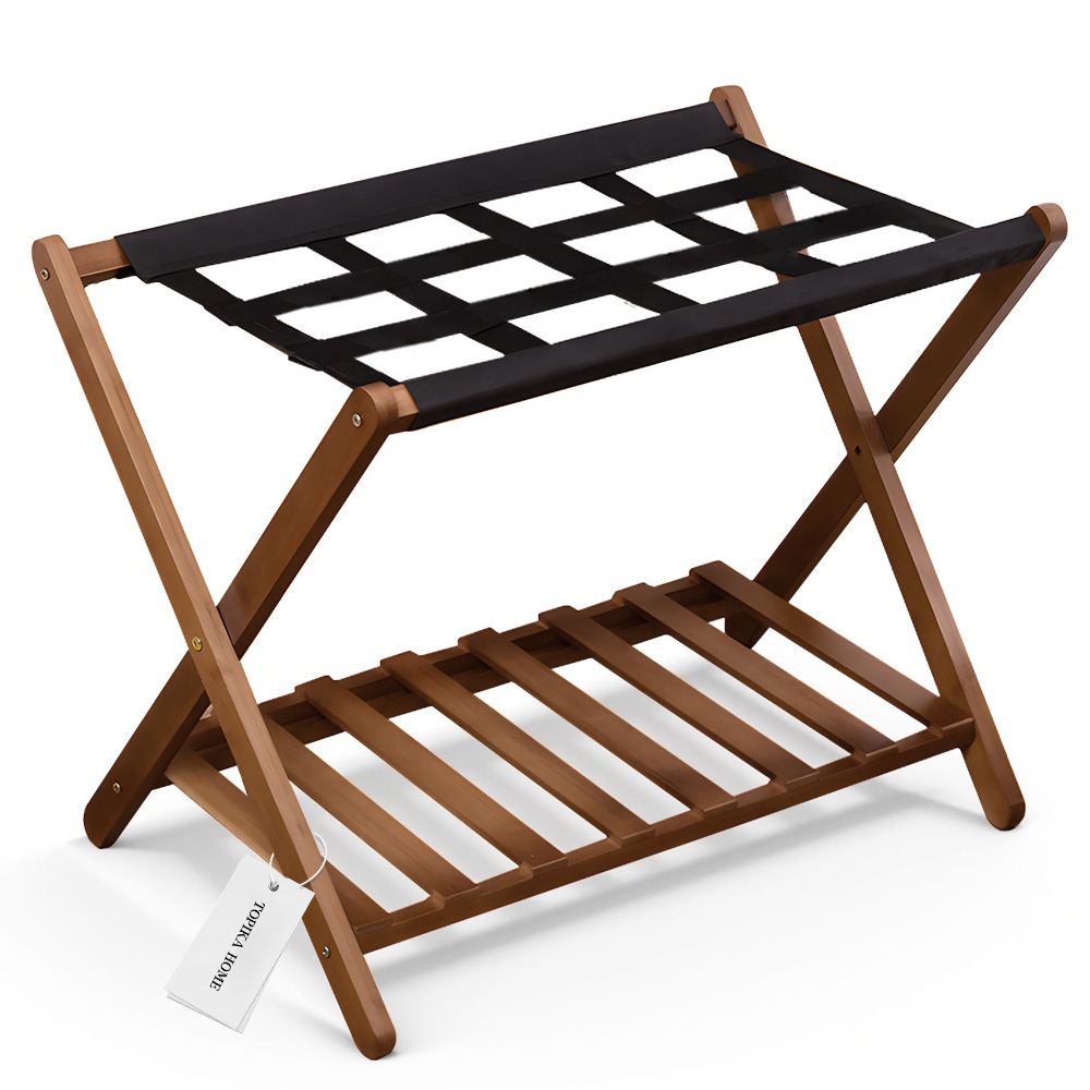 TopikaHome - Bamboo Luggage Rack with Storage Shelf Folding Suitcase Stand