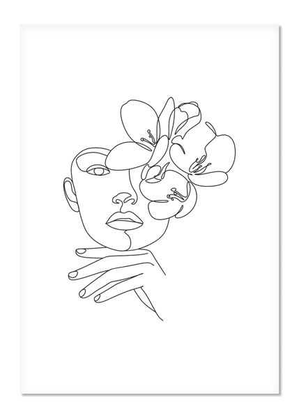 Wall Art Line Art - Abstract Face with Flowers