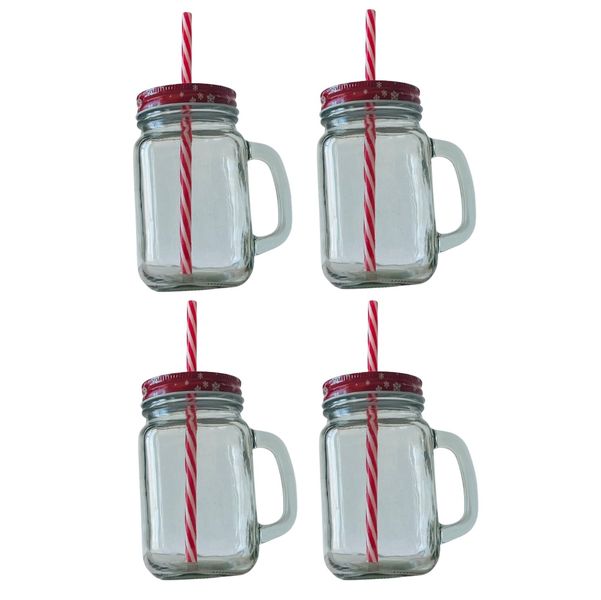 Christmas Santa Mason Jar Glass with Lid &amp; Straw 450ml (Set of 4)