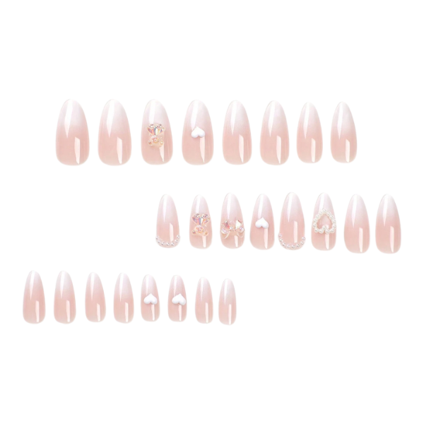 24pcs Almond Press-On Nails With Ombre Design And 3D Accents - White