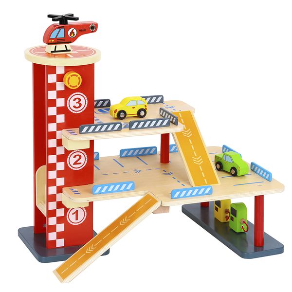 TookyToy Wooden Parking Garage with Helipad
