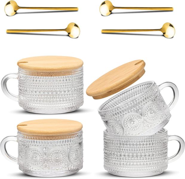 14oz Vintage Glass Coffee Cup Set of 4 Breakfast Yogurt Coffee Tea Cup Set