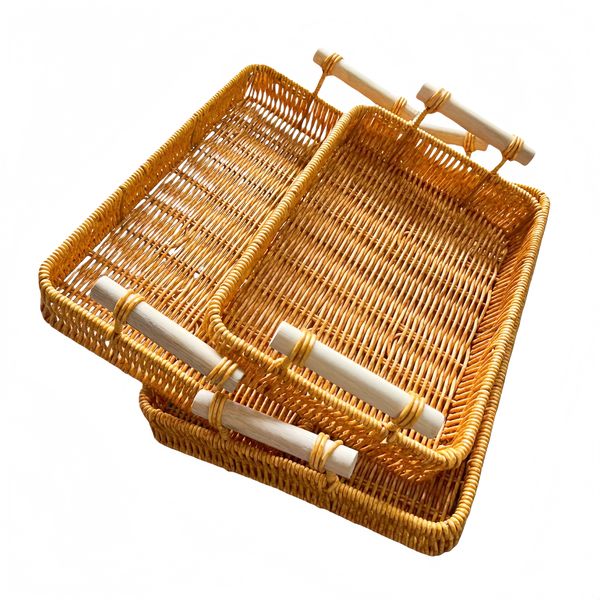 3-Pieces Rectangular Woven Tray Set - Eco-Friendly &amp; Wooden Handles (S/M/L)