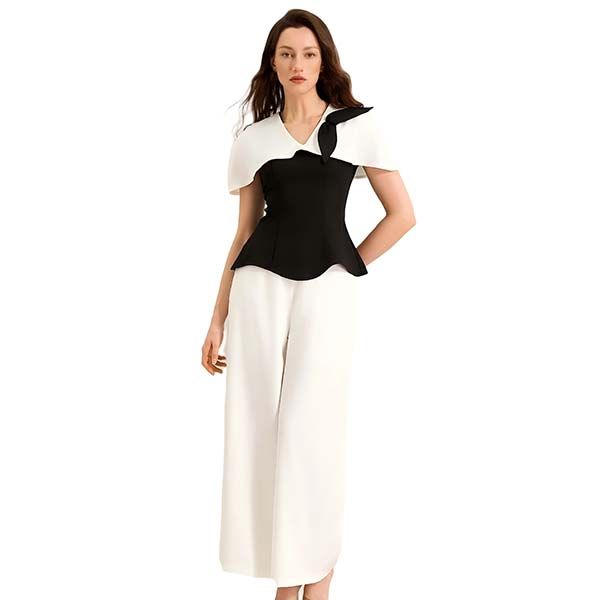 Elegant Black And White Contrast Two-Piece Set For Women