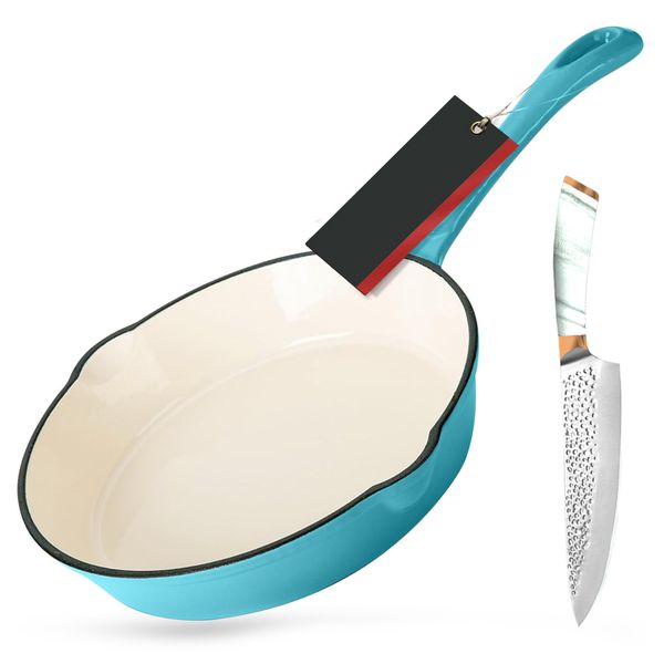 25cm - Enameled Cast Iron Fry Pan Including Carving Knife - 2 Pieces Set