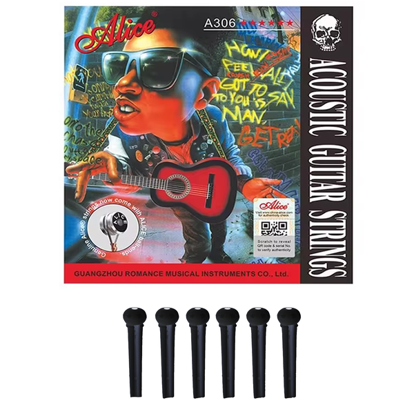 A306 Steel Acoustic Guitar Strings Silver Plated + 6 Black Bridge Pins