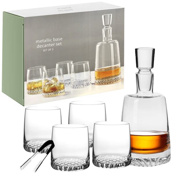 Set of 6 - Elegant Crystal Metallic Base Whisky Glass Decanter Set