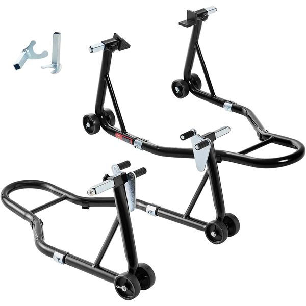 2 Piece Universal Paddock Motorcycle Stands with U + L Fork Swingarm Spool