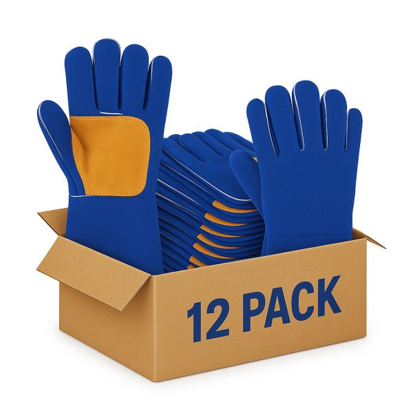 Blue Lined Leather Welding Gloves - Elbow, Heat Resistant, Cotton Lined