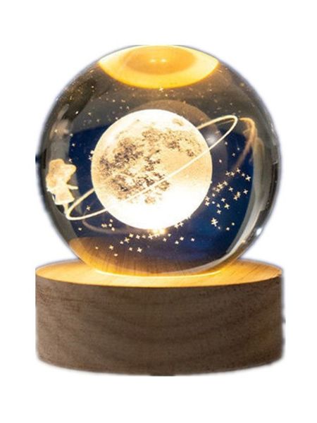 3D Laser Engraved Wood Base Crystal Ball Night Light - Solar System