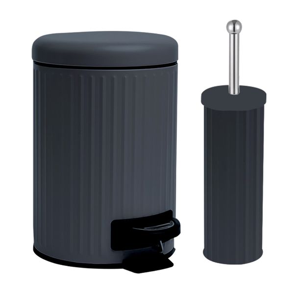 2 Piece Set - Ribbed Matt Finished 5Ltr Dustbin and Toilet Brush Combo set