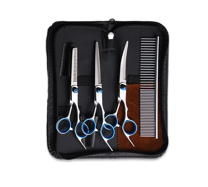 Pet Scissors Set, 6-inch, Fine/Curved Scissors with Comb, Silver/Blue