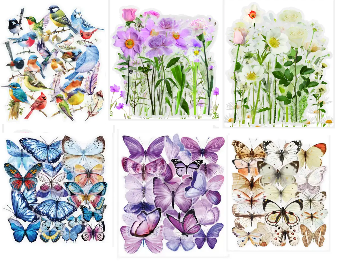 60Pcs Transparent Butterfly Flower Bird Decor Stickers Variety Pack ...