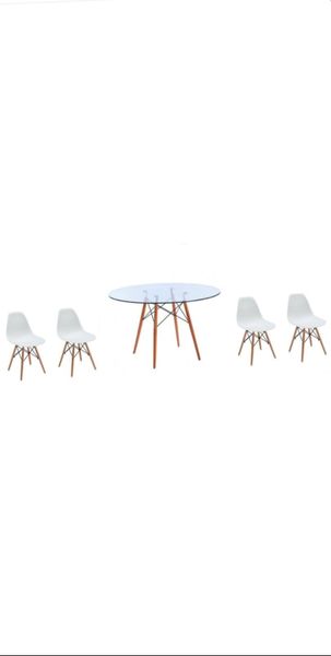 Glass table and Wooden leg Chairs 5 Piece