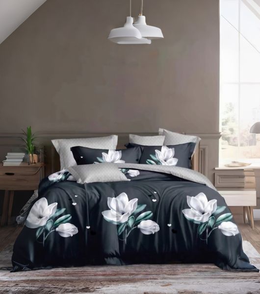 Black Polyester Flowers All TC Duvet Cover 6 Piece