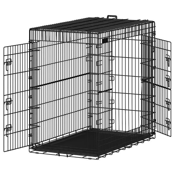 Heavy-Duty Foldable Metal Dog Cage with 2 Doors &amp; Removable Tray - Black