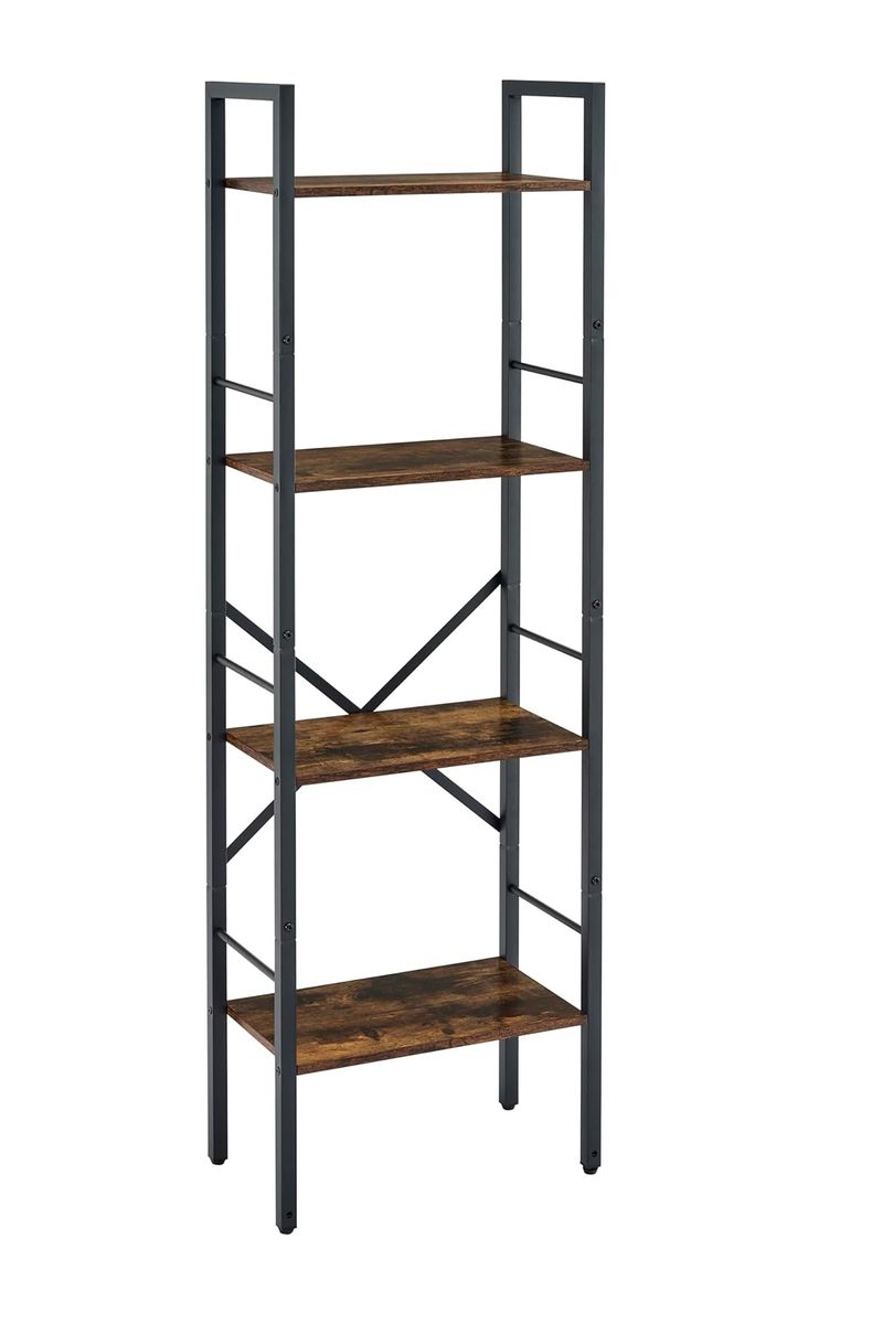 4-Tier Tall Book Shelf, Narrow Bookcase, with Steel Frame,Rustic brown Wood